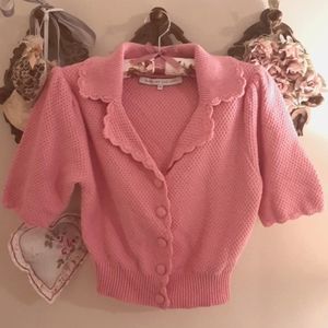 English Factory - Scallop Edge Short Sleeve Pink Cardigan, Small